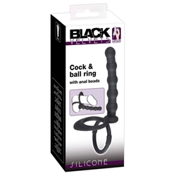 Black Velvets - Cock &amp; Ball Ring with Anal Breads - gyöngyös anális izgatóval kombinált pénisz és heregyűrű (fekete)