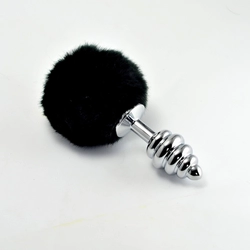 Lovetoy - Spiral Pompon Metal Plug - bordázott, fém análdugó Pom-Pom farokkal (fekete)