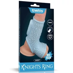 Lovetoy - Vibrating Drip Knights Ring with Scrotum Sleeve - rücskös, vibrációs pénisz és hereköpeny (kék)