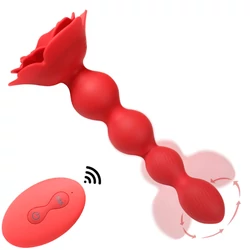 B-Series Cute - Rose Rotating Anal Beads - 10 funkciós, wireless, rotációs, gyöngyös anális izgató, rózsa formájú talppal (USB) - piros