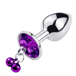 Passion Labs - Metal Anal Stopper with Ring My Bells - közepes méretű, fém análdugó dupla csengővel és lila kristállyal (ezüst)