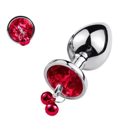 Passion Labs - Metal Anal Stopper with Ring My Bells - közepes méretű, fém análdugó dupla csengővel és piros kristállyal (ezüst)