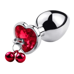 Passion Labs - Ring My Bells Medium Heart Shape Anal Plug - közepes méretű, fém análdugó dupla csengővel és piros kristállyal (ezüst)