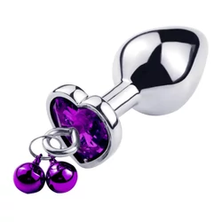 Passion Labs - Ring My Bells Small Heart Shape Anal Plug - kis méretű, fém análdugó dupla csengővel és lila kristállyal (ezüst)