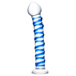 Passion Labs - Spiral Dildo Glass - temperálható, csavart felületű üveg dildó (áttetsző/kék)