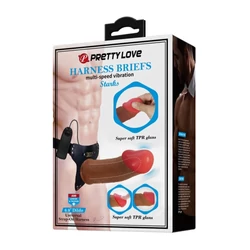Pretty Love - Stark - felcsatolható hám, élethű, távirányítású, üreges, vibrációs dildóval (17,5cm) - barna