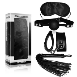 Lovetoy - Deluxe Bondage Kit - szemtakaró, szájpecek, bilincs és korbács szett (fekete)