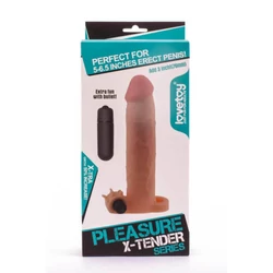 Lovetoy - Pleasure X-Tender Vibrating Penis Sleeve #5 - élethű, vibrációs péniszköpeny heregyűrűvel és csiklóizgatóval (19cm) - natúr