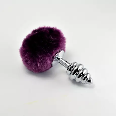 Lovetoy - Spiral Pompon Metal Plug - bordázott, fém análdugó Pom-Pom farokkal (lila)