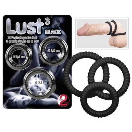 You2Toys - Lust 3 - bordázott, szilikon pénisz és heregyűrű szett (3db/cs) - fekete