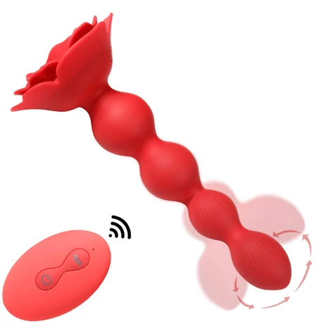 B-Series Cute - Rose Rotating Anal Beads - 10 funkciós, wireless, rotációs, gyöngyös anális izgató, rózsa formájú talppal (USB) - piros