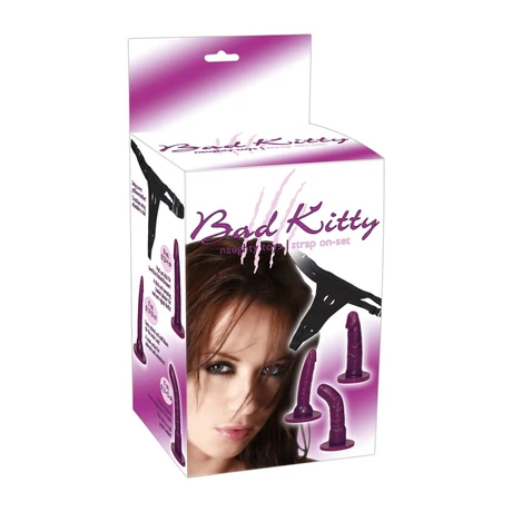 Bad Kitty - Strap On Set - állítható hám 3 felcsatolható dildóval (fekete-lila)