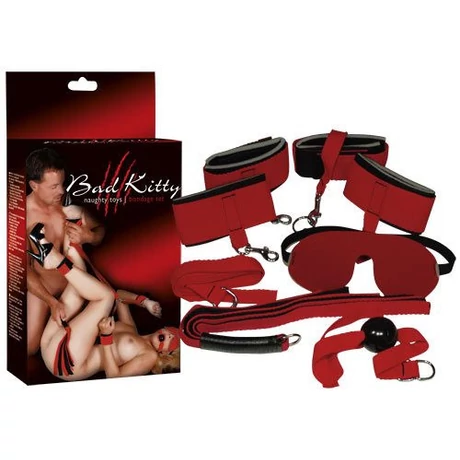 Orion - Bad Kitty - Naughty Toys - Red Gigant - szemmaszk, szájpöcök, korbács és 4 csuklóbilincs szett (piros)