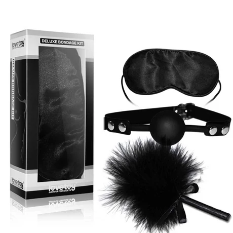 Lovetoy - Deluxe Bondage Kit - szemtakaró, szájpecek és cirógató szett (fekete)