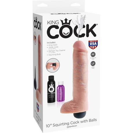 Pipedream - King Cock - 10" Squirting Cock With Balls - rögzíthető, spriccelő, élethű, herés dildó (natúr)