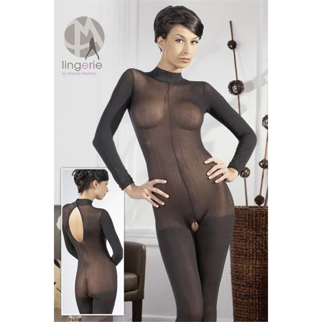 Orion - Mandy Mistery Line - Longarm Catsuit - alul nyitott, garbós, hosszú ujjú testharisnya (M/L) - fekete