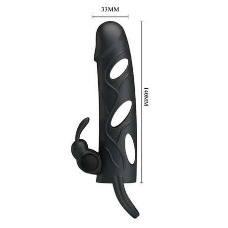 Pretty Love - Penis Sleeve With Ball Strap - vibrációs péniszköpeny nyuszifüles csiklóigatóval és heregyűrűvel (fekete)