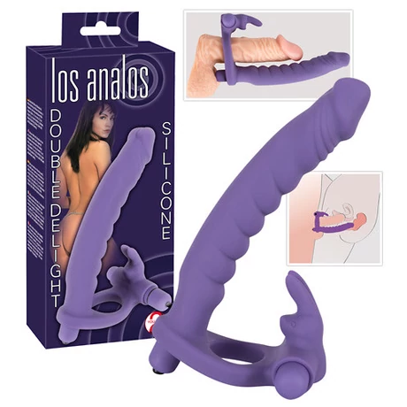 You2Toys - Silicone Strap-on - tartópánt nélküli, csiklóizgatós vibrátor szett péniszgyűrűvel (lila)