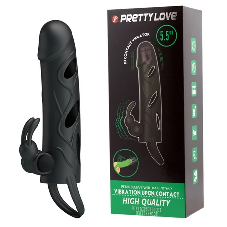 PRETTY LOVE PENIS SLEEVE WITH BALL STRAP vibrációsfekete