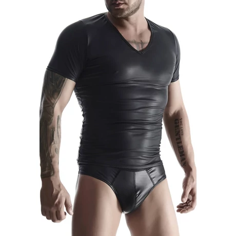 Regnes Fetish Planet - V-nyakú wetlook poló és brazil alsónadrág szett (M) - fekete