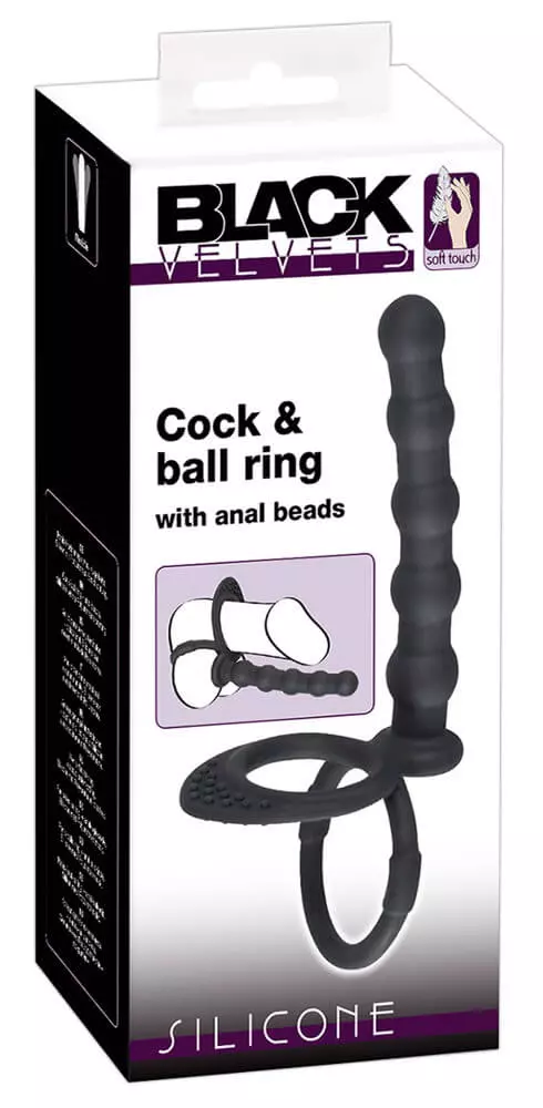 Black Velvets - Cock & Ball Ring with Anal Breads - gyöngyös anális izgatóval kombinált pénisz és heregyűrű (fekete)