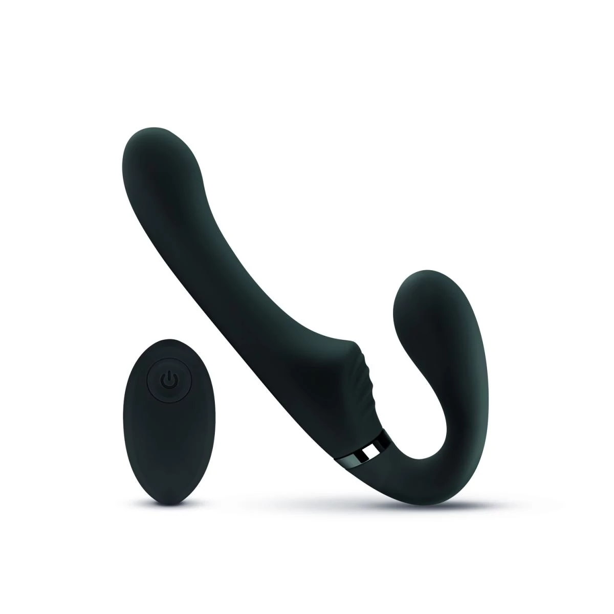 No-Parts - Avery Strapless Strap-On Vibrating Dildo - pánt nélküli, dupla végű, wireless párvibrátor csiklóizgatóval (USB) - fekete