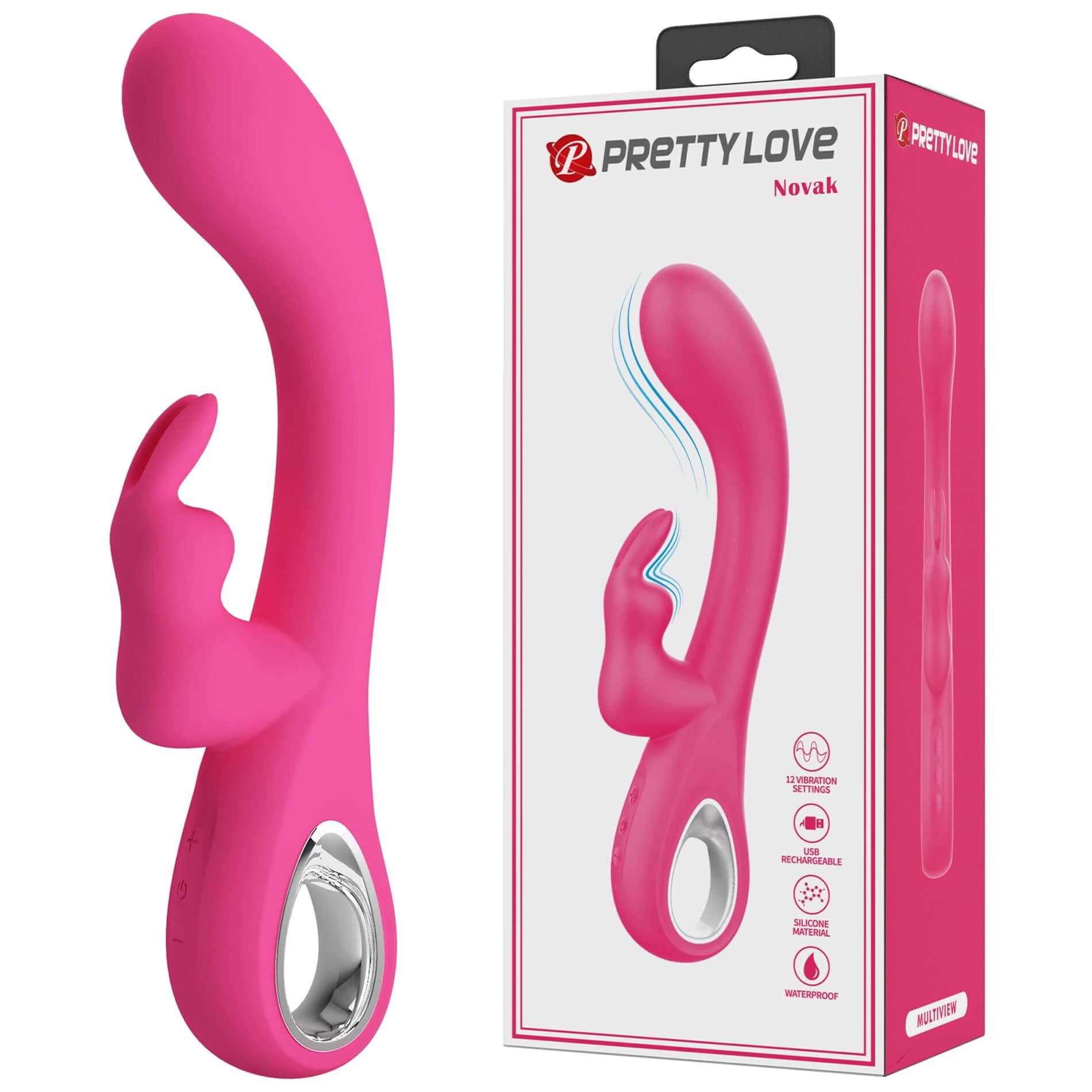 Pretty Love - Novak - 12 funkciós G-pont vibrátor nyuszifüles csiklóizgatóval (USB) - pink