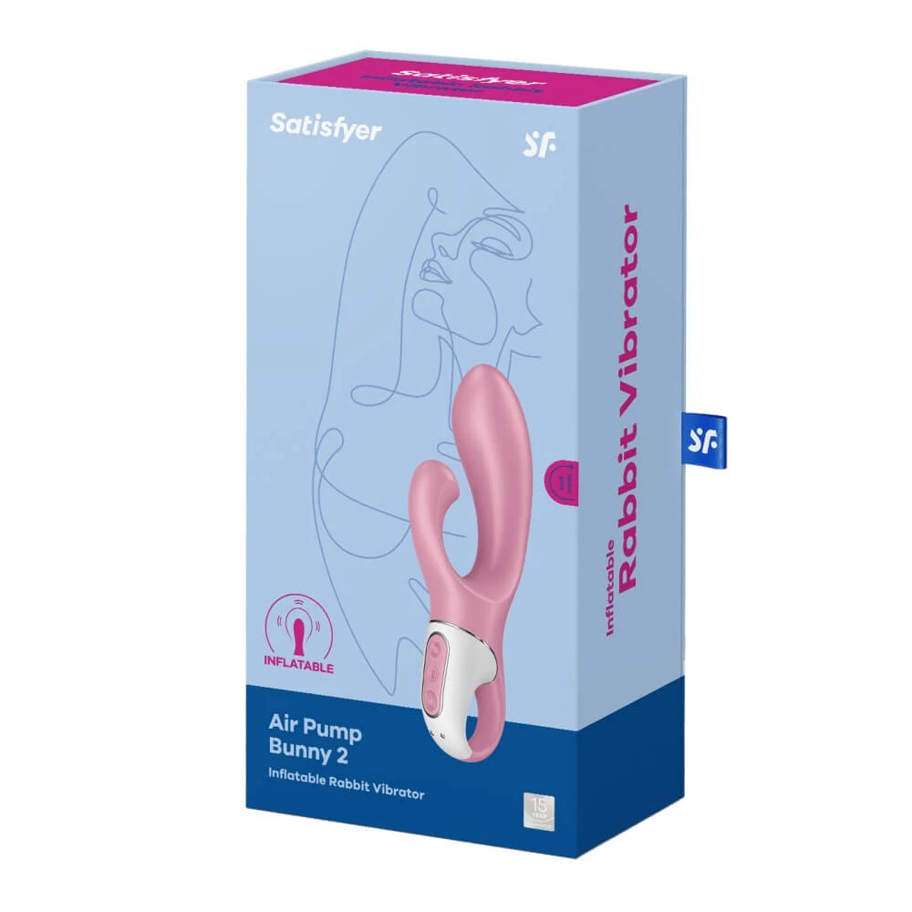 Satisfyer - Air Pump Bunny 2 - prémium, 12 funkciós, tágítható csiklóizgató és G-pont vibrátor (USB) - halvány-piros