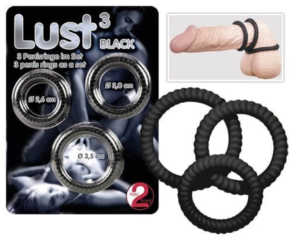 You2Toys - Lust 3 - bordázott, szilikon pénisz és heregyűrű szett (3db/cs) - fekete