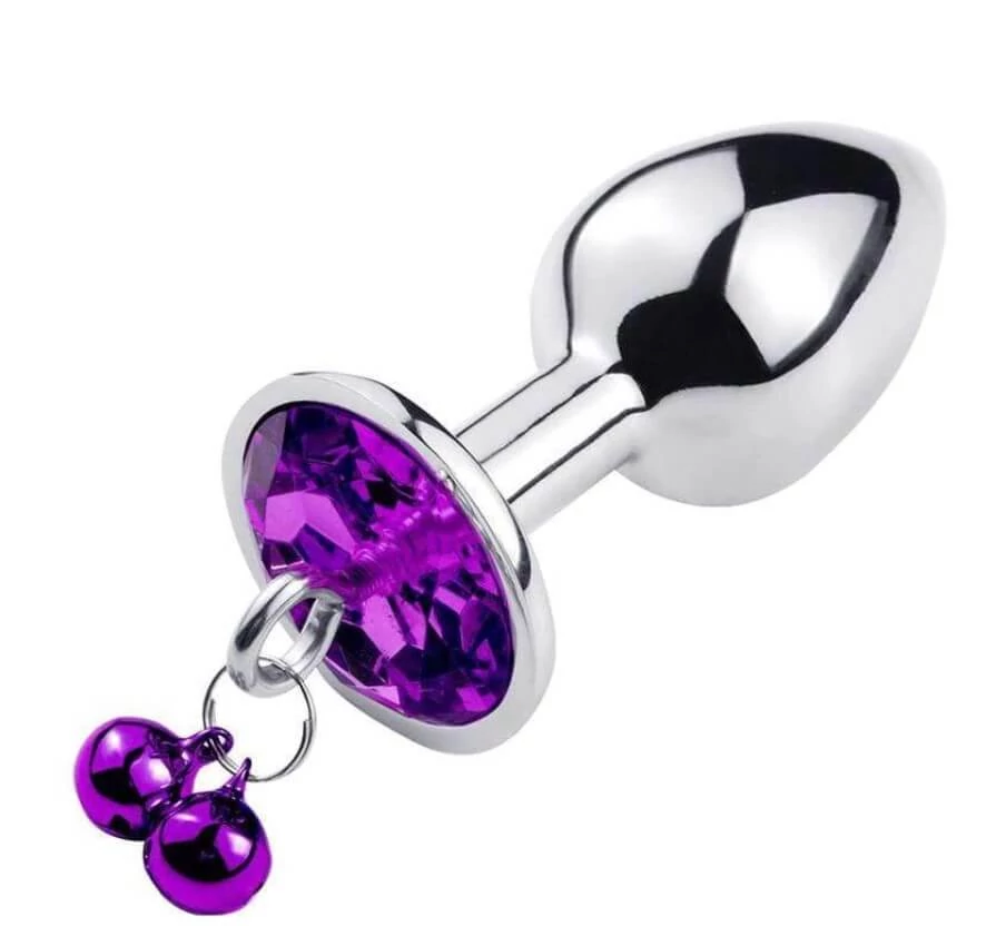 Passion Labs - Metal Anal Stopper with Ring My Bells - közepes méretű, fém análdugó dupla csengővel és lila kristállyal (ezüst)