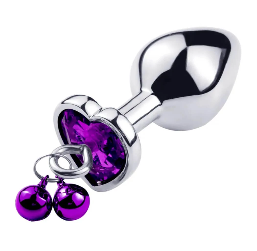 Passion Labs - Ring My Bells Small Heart Shape Anal Plug - kis méretű, fém análdugó dupla csengővel és lila kristállyal (ezüst)
