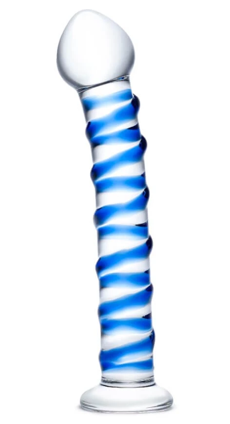 Passion Labs - Spiral Dildo Glass - temperálható, csavart felületű üveg dildó (áttetsző/kék)