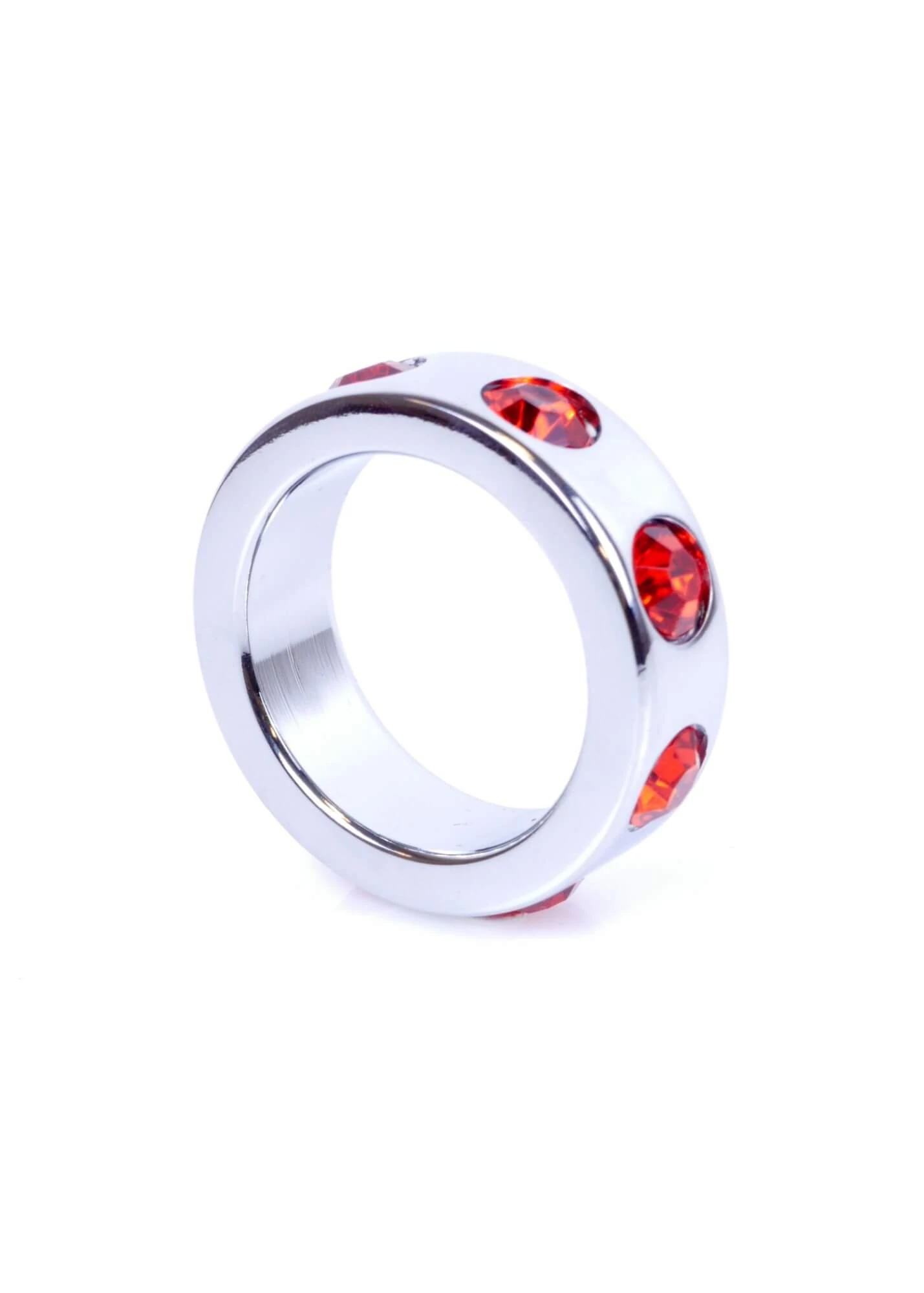 B-Series Heavy Fun - Metal Cock Ring with Red Diamonds - piros gyémánttal díszített fém péniszgyűrű (ezüsz)