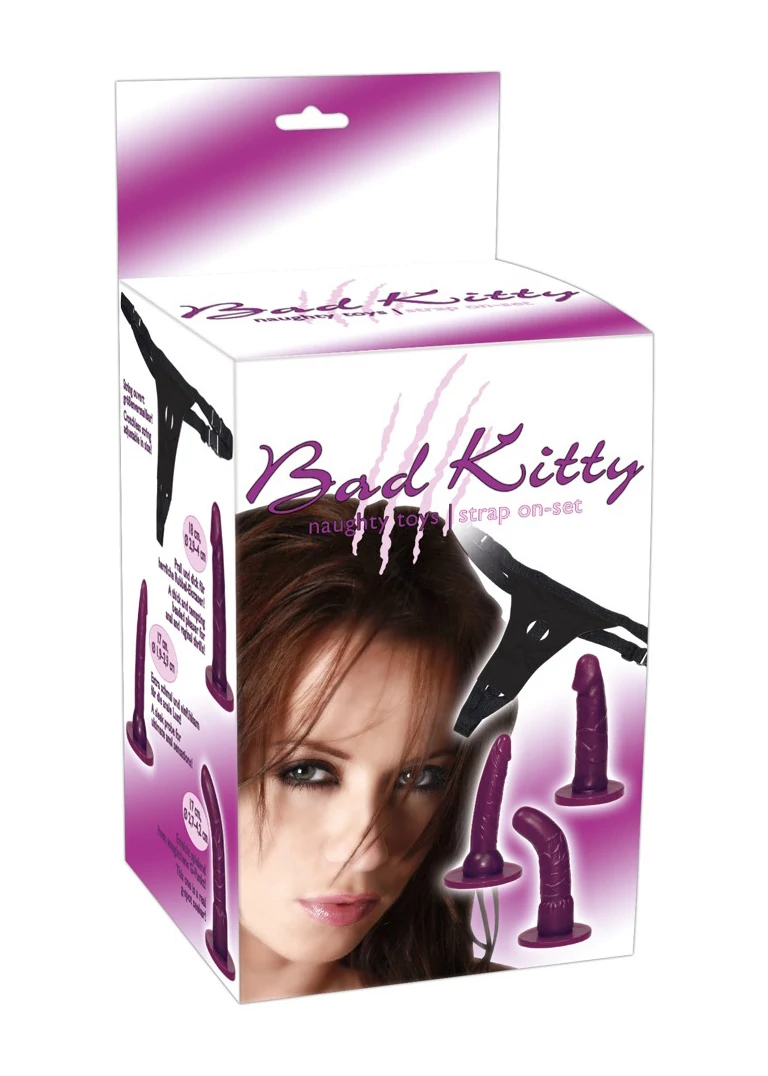 Bad Kitty - Strap On Set - állítható hám 3 felcsatolható dildóval (fekete-lila)
