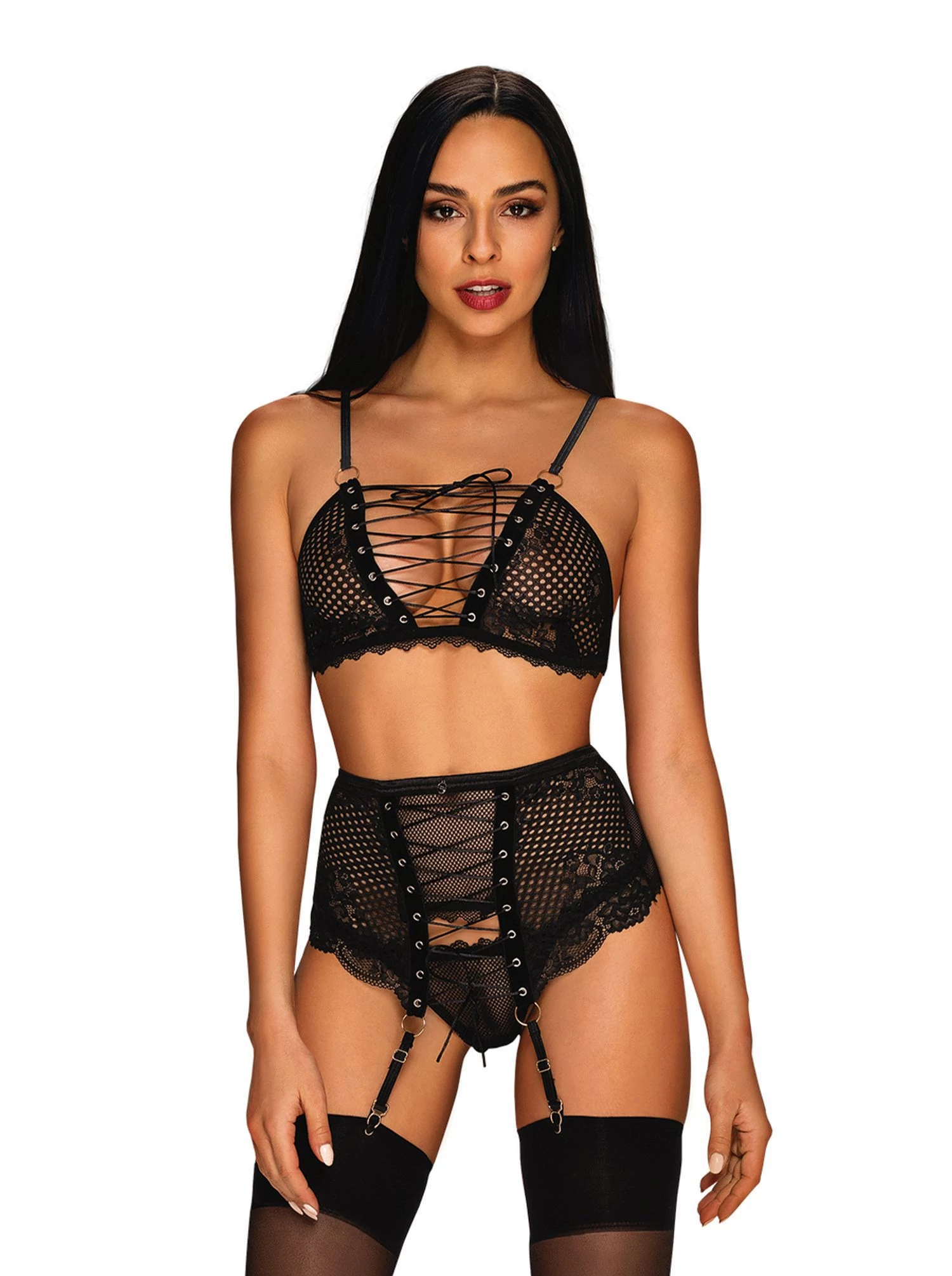 Obsessive - Basitta - 3 részes csipke fehérnemű szett (S/M) - fekete