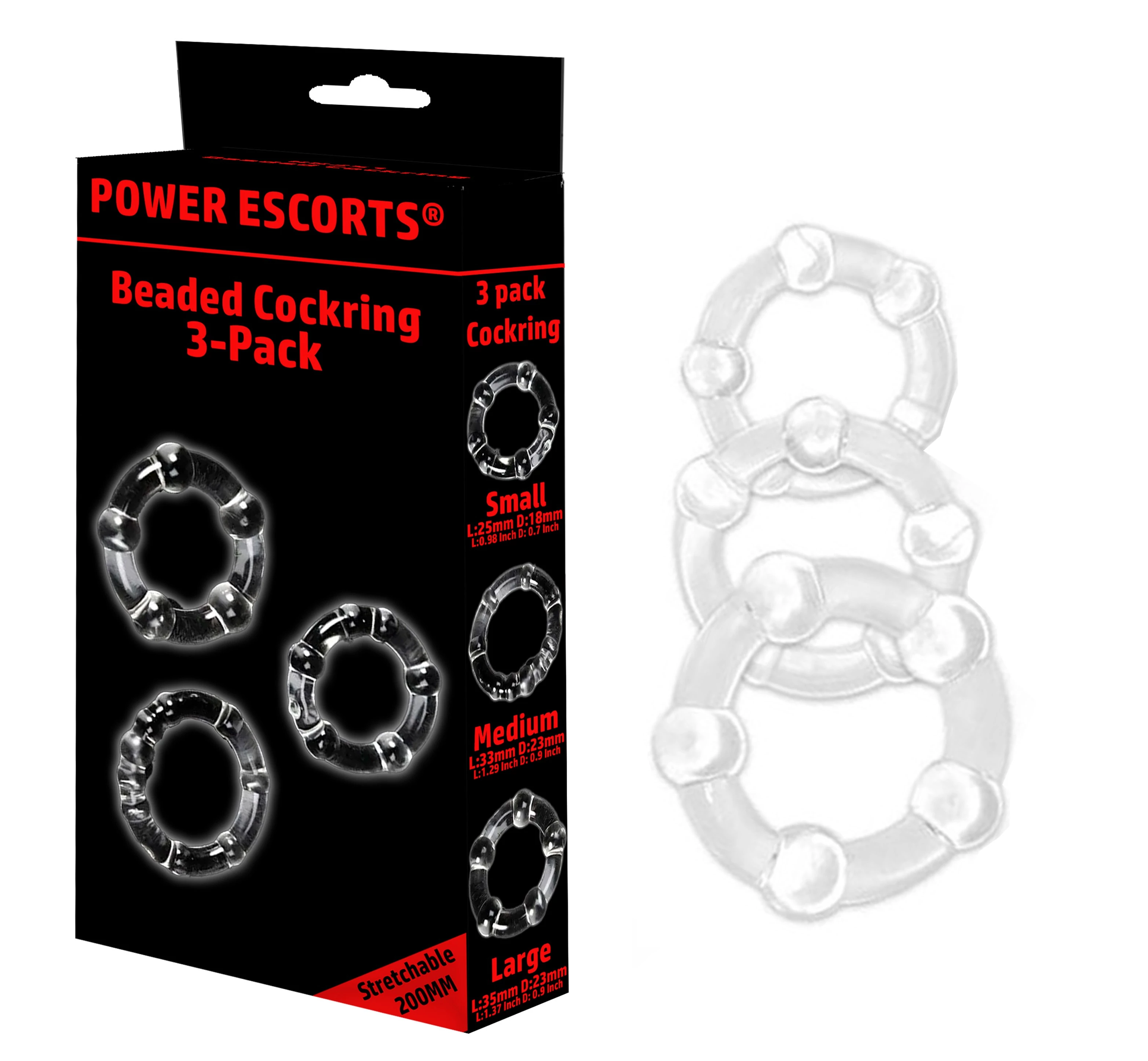 Power Escorts - Beaded Cock Ring 3 Set - gyöngyös péniszgyűrű szett (3db/cs) - áttetsző