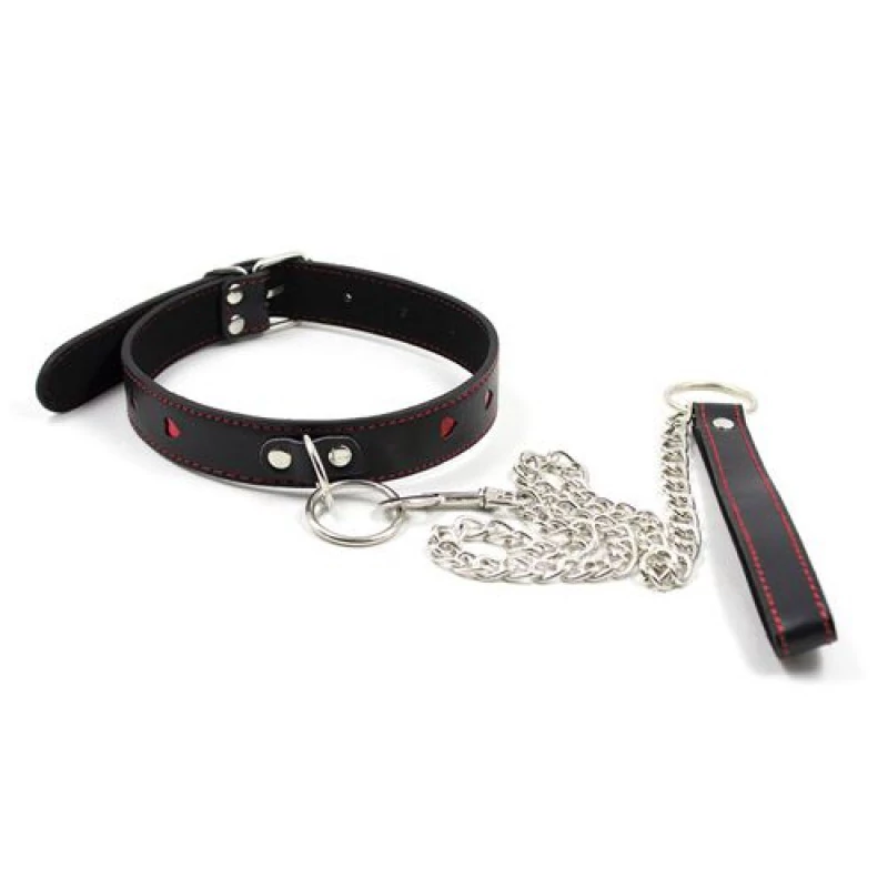Toyz4Lovers - Easy Collar Leash - piros szivecskés nyakörv pórázzal (fekete)