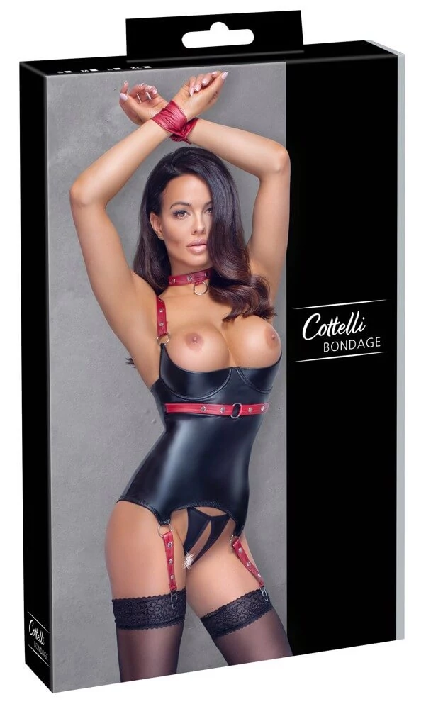 Cottelli Bondage - Basque - intim basque állítható pántokkal és kötözővel (L) - piros/fekete