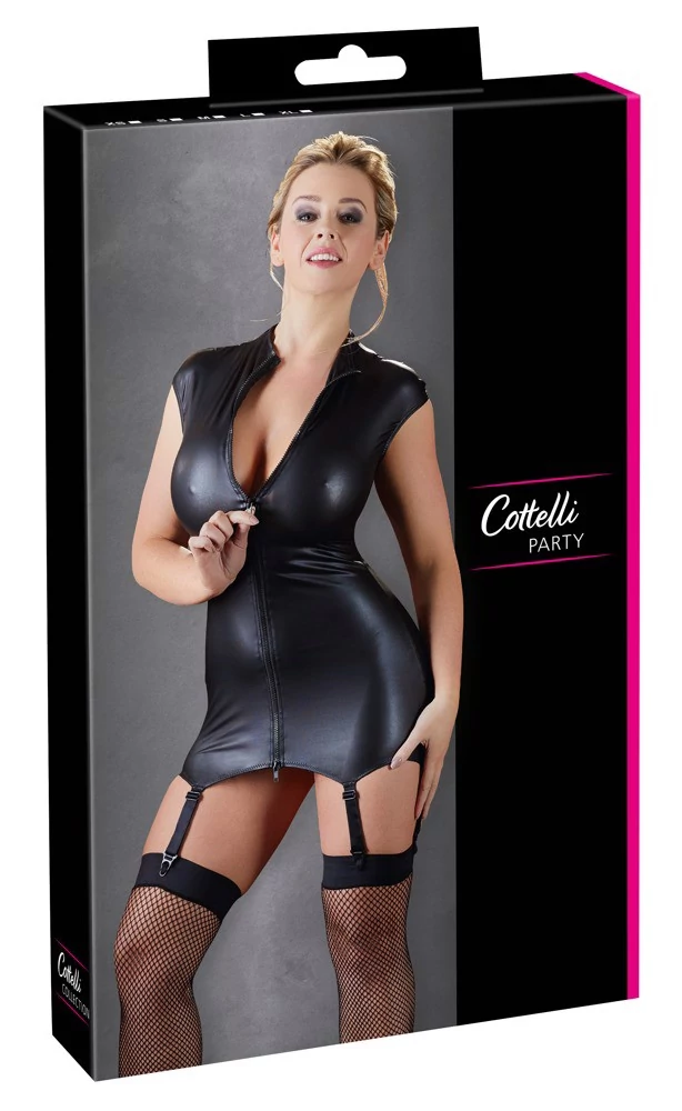 Cottelli Party - Dress with Suspender Straps - erotikus testruha harisnyatartóval (XL) - fekete