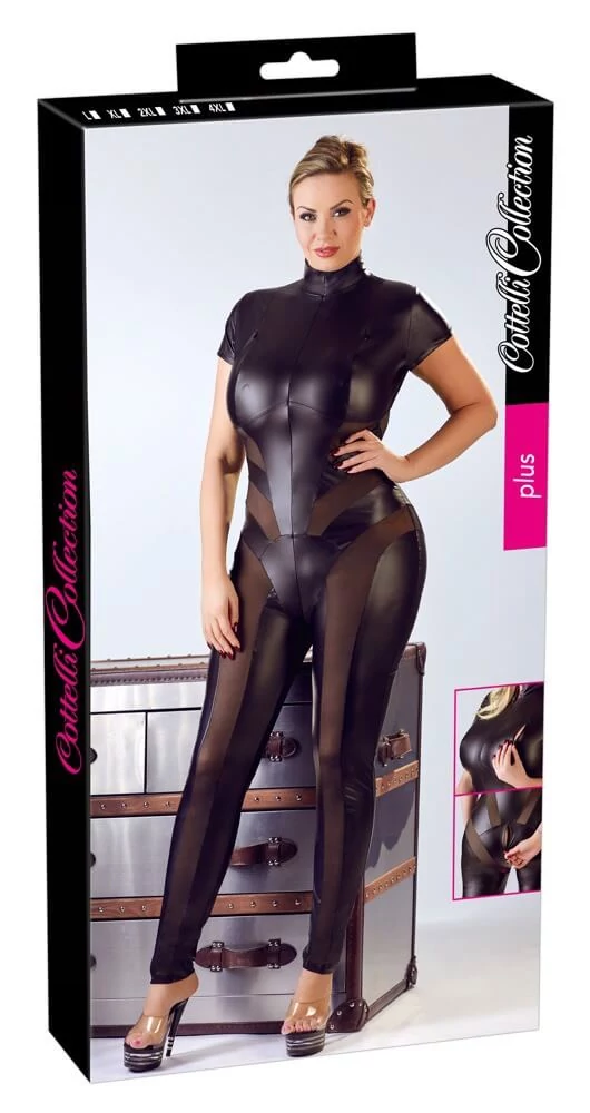 Cottelli Collection Plus - Jumpsuit with Net - fenéknél nyitható, hálos testruha (XL) - fekete