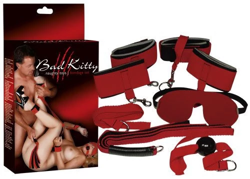 Orion - Bad Kitty - Naughty Toys - Red Gigant - szemmaszk, szájpöcök, korbács és 4 csuklóbilincs szett (piros)