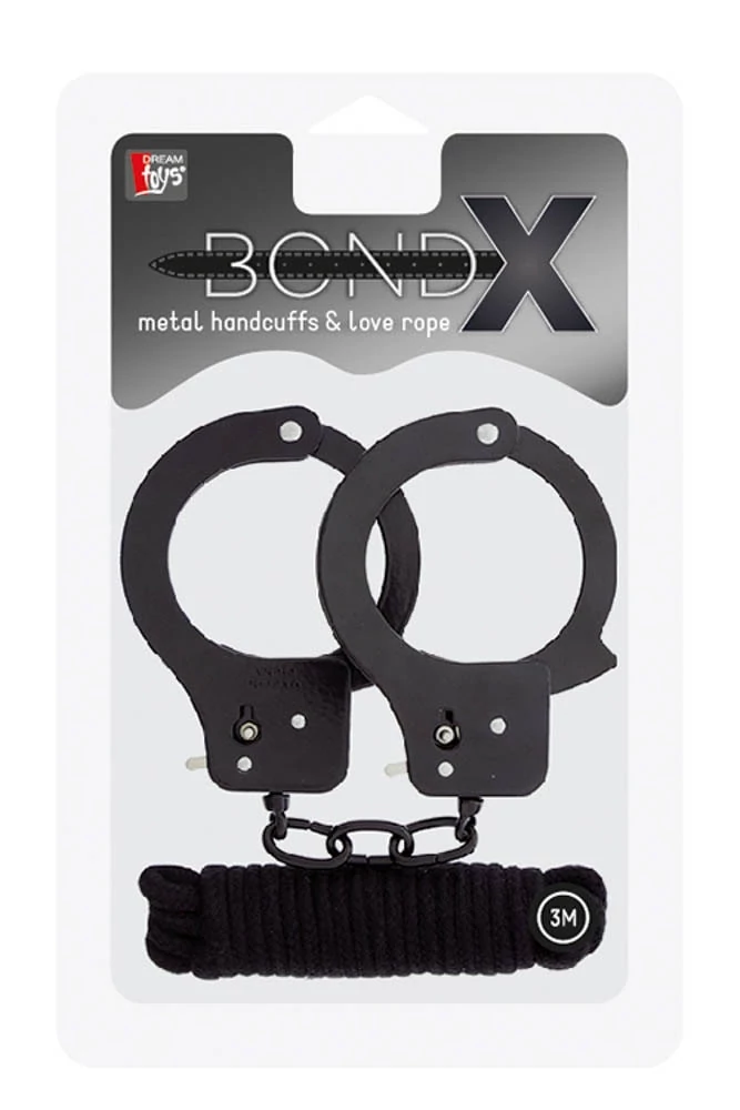 BondX - Metal Handcuffs & Love Rope - fém bilincs és bondage kötöző szett (3m) - fekete