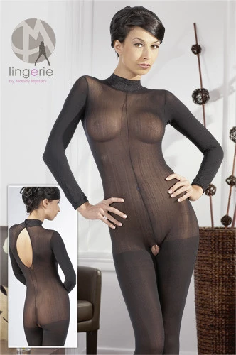Orion - Mandy Mistery Line - Longarm Catsuit - alul nyitott, garbós, hosszú ujjú testharisnya (M/L) - fekete