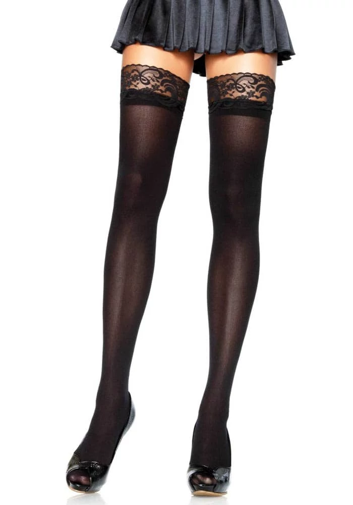 Leg Avenue - Nylon Stocking with Lace Top - szexi combfix díszített szegéllyel (O/S) - fekete