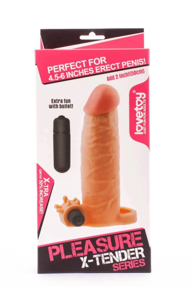 Lovetoy - Pleasure X-Tender Vibrating Penis Sleeve #1 - élethű, vibrációs péniszköpeny heregyűrűvel és csiklóizgatóval (17,5cm) - natúr