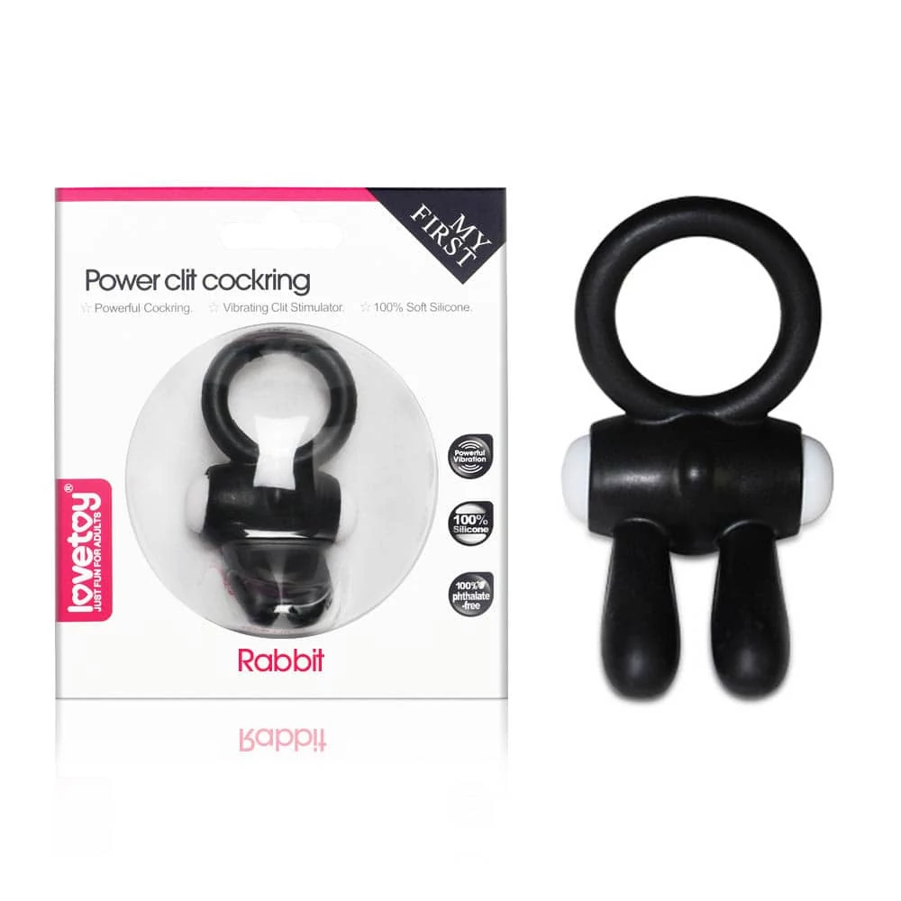 Lovetoy - Power Clit Cockring Rabbit - vibrációs péniszgyűrű nyuszifüles csiklóizgatóval (fekete)