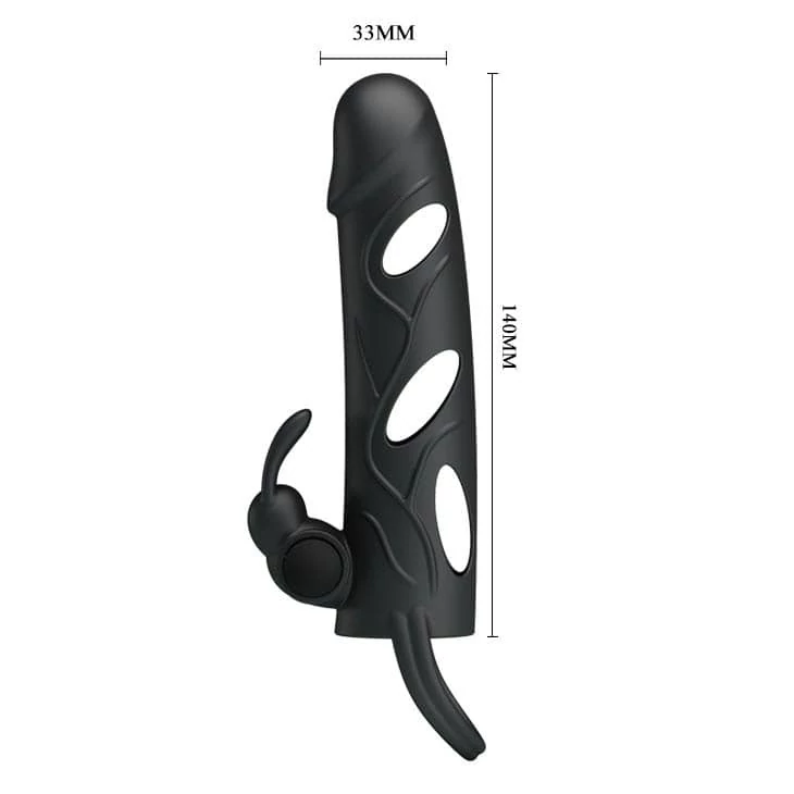 Pretty Love - Penis Sleeve With Ball Strap - vibrációs péniszköpeny nyuszifüles csiklóigatóval és heregyűrűvel (fekete)