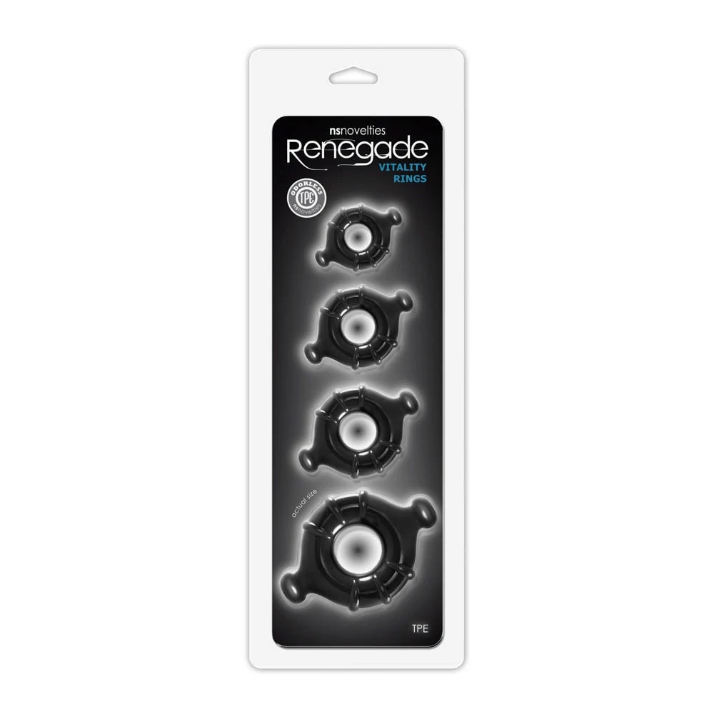 NS Toys - Renegade Vitality Rings - bordázott péniszgyűrű szett (4db/cs) - fekete
