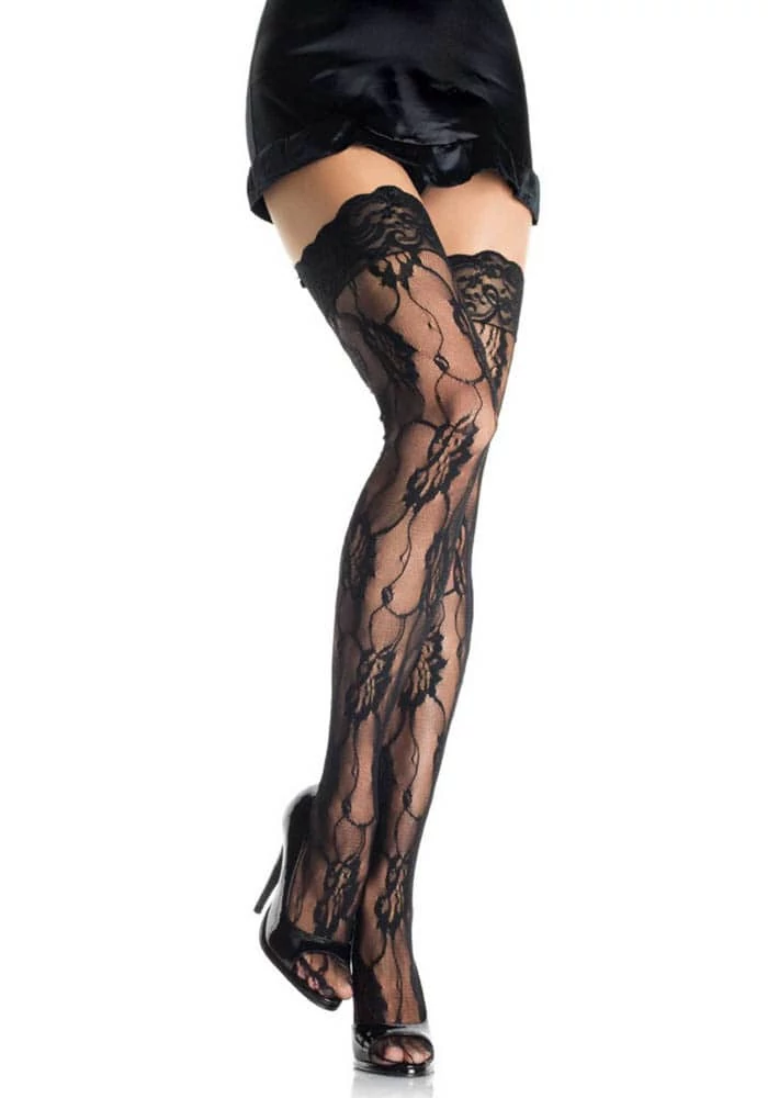 Leg Avenue - Roce Lace Thigh Highs - mintás combfix (O/S) - fekete