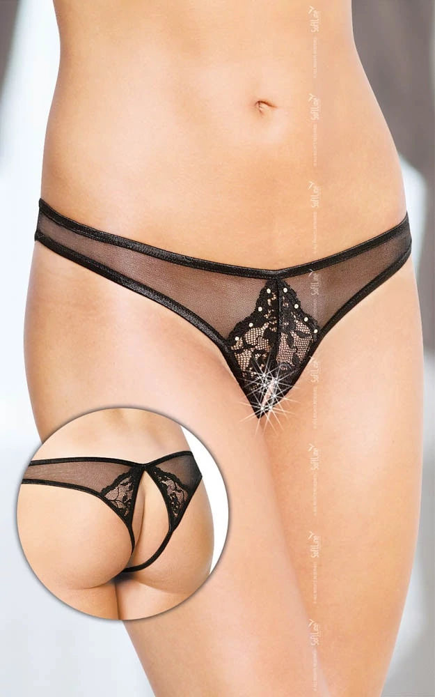 Softline - Thongs 2442 - nyitott, mintás tanga (M/L) - fekete